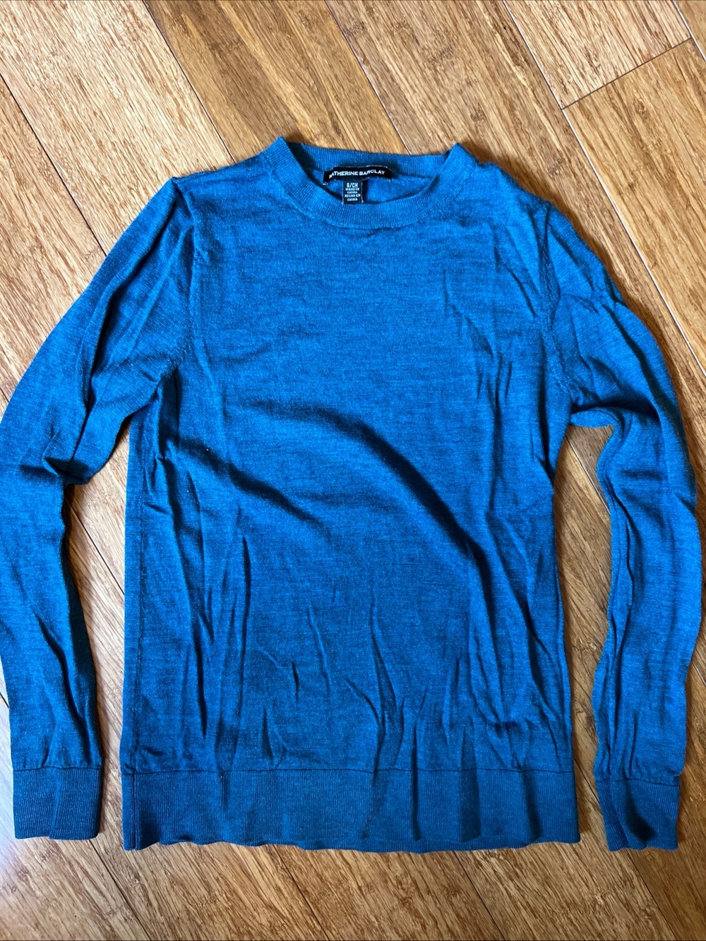 Katherine Barclay Extra Fine Merino Wool Blue Crewneck Sweater